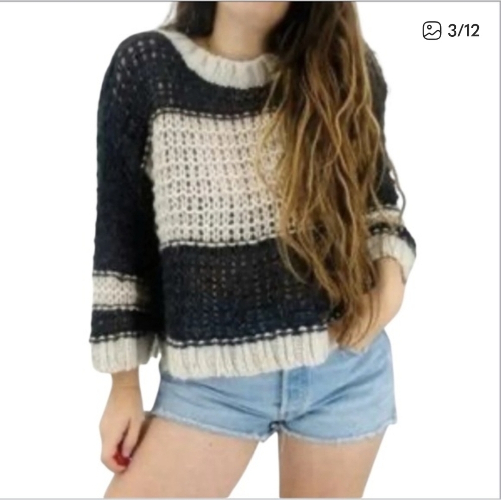 Free People Sweater Monaco Stripped Slouchy Charcoal-Ivory SzM Wool- Alpaca Blen - Picture 11 of 13